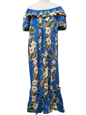 Ky's Hawaii Womens Sz L Blue Tropical Hibiscus Ruffle Off Shoulder Muumuu Dress